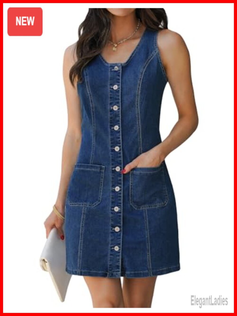 Sleeveless Denim Dress Button Down Round Neck Casual Summer Western Jean Dress